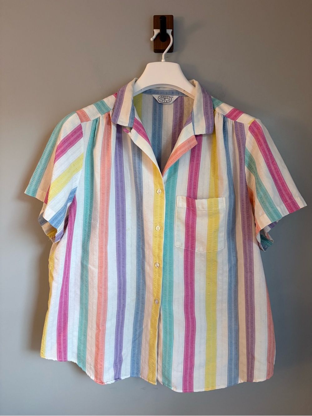 Vintage Jessica Tyler Pastel Rainbow Stripe Button Front Shirt Short Sleeve